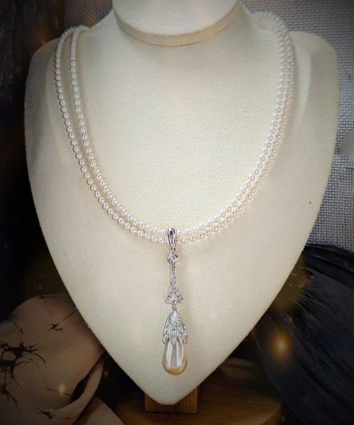 Two Strands Pearl Necklace With Long Pearl Pendant
