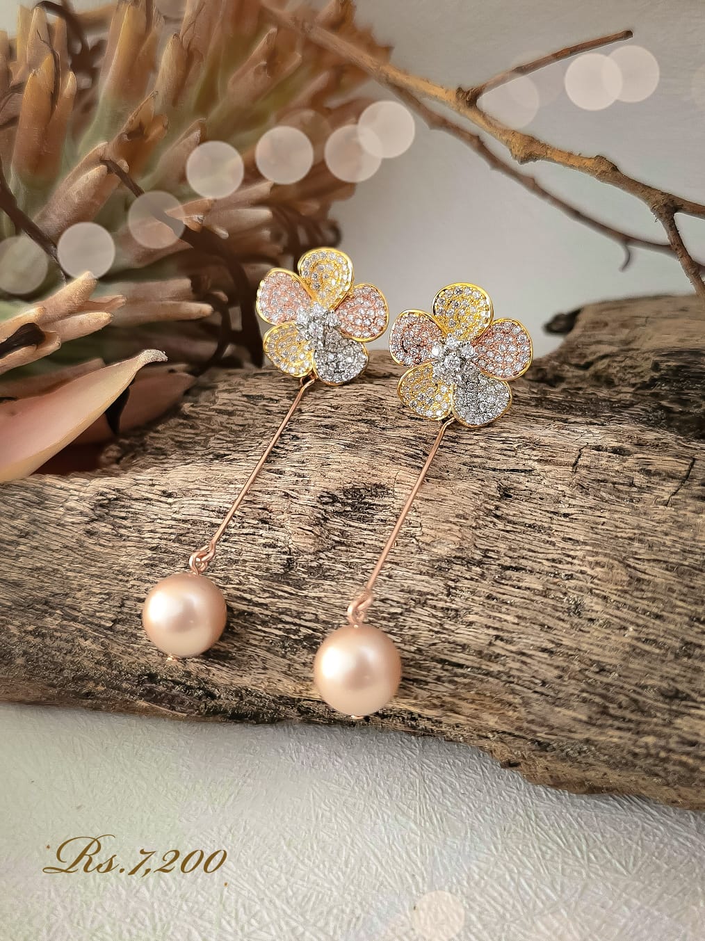 Five Petal Flower With Pearl Drop Earring - Image 2