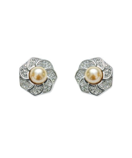 Pearl & Silver Stone Flower Clip On Earring