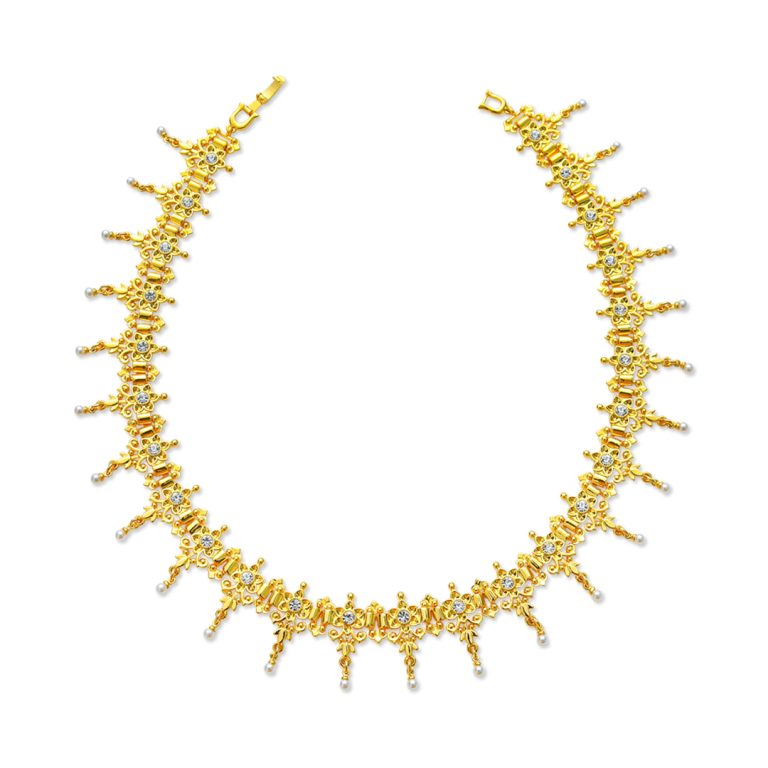 Stone & Metal Flower Pearl Drooping Necklace