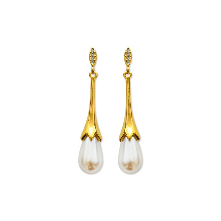 Stone Leaf Metal Cone Pearl Earring