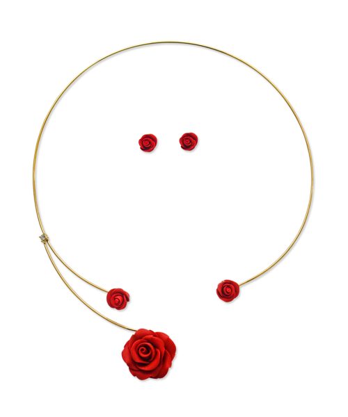 Front Open Clay Rose Dangling Necklace Set
