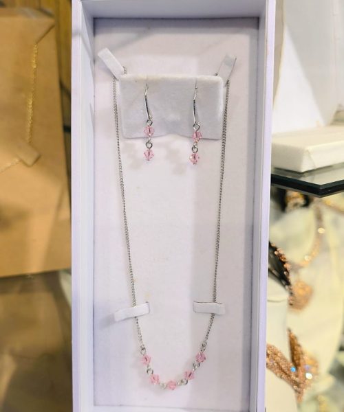Silver With Pink Crystal Necklace Set