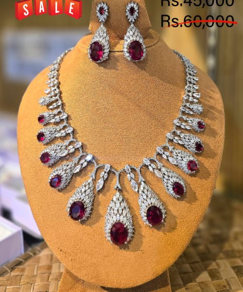 Diamond & Ruby Red Stone Silver Necklace Set