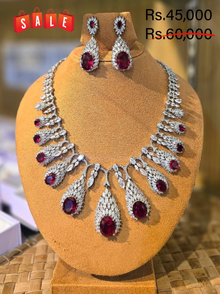Diamond & Ruby Red Stone Silver Necklace Set