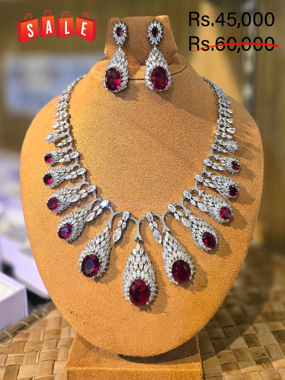 Diamond & Ruby Red Stone Silver Necklace Set