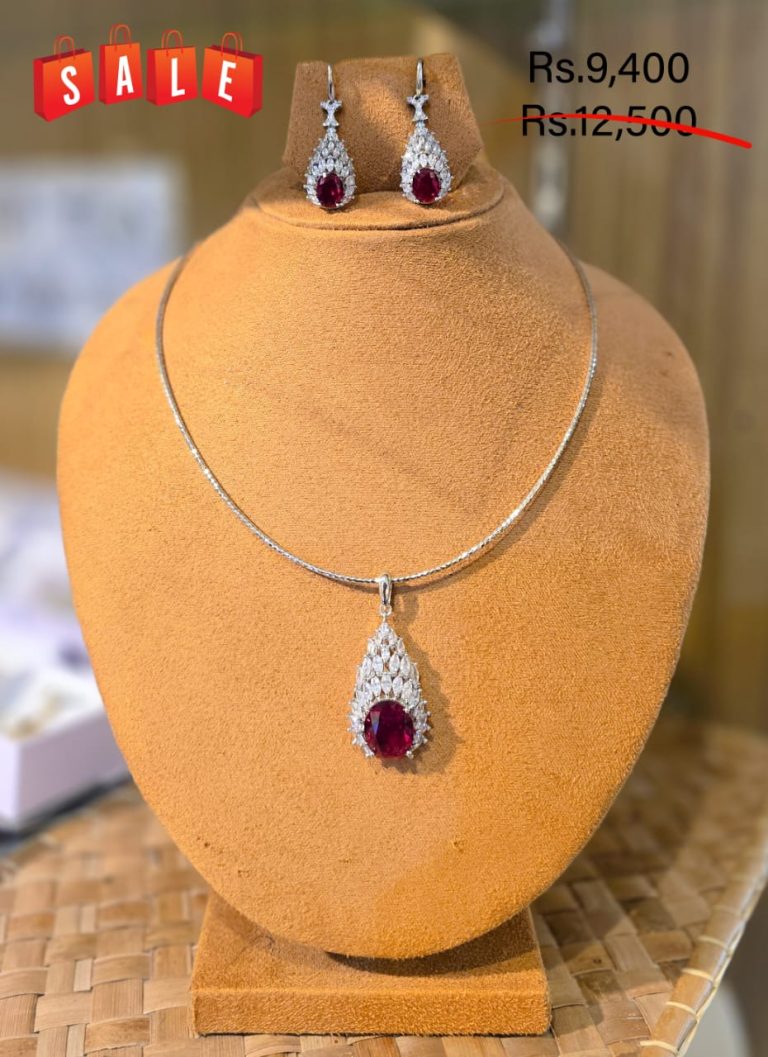 Diamond & Ruby Red Stone Silver Lasso Necklace Set