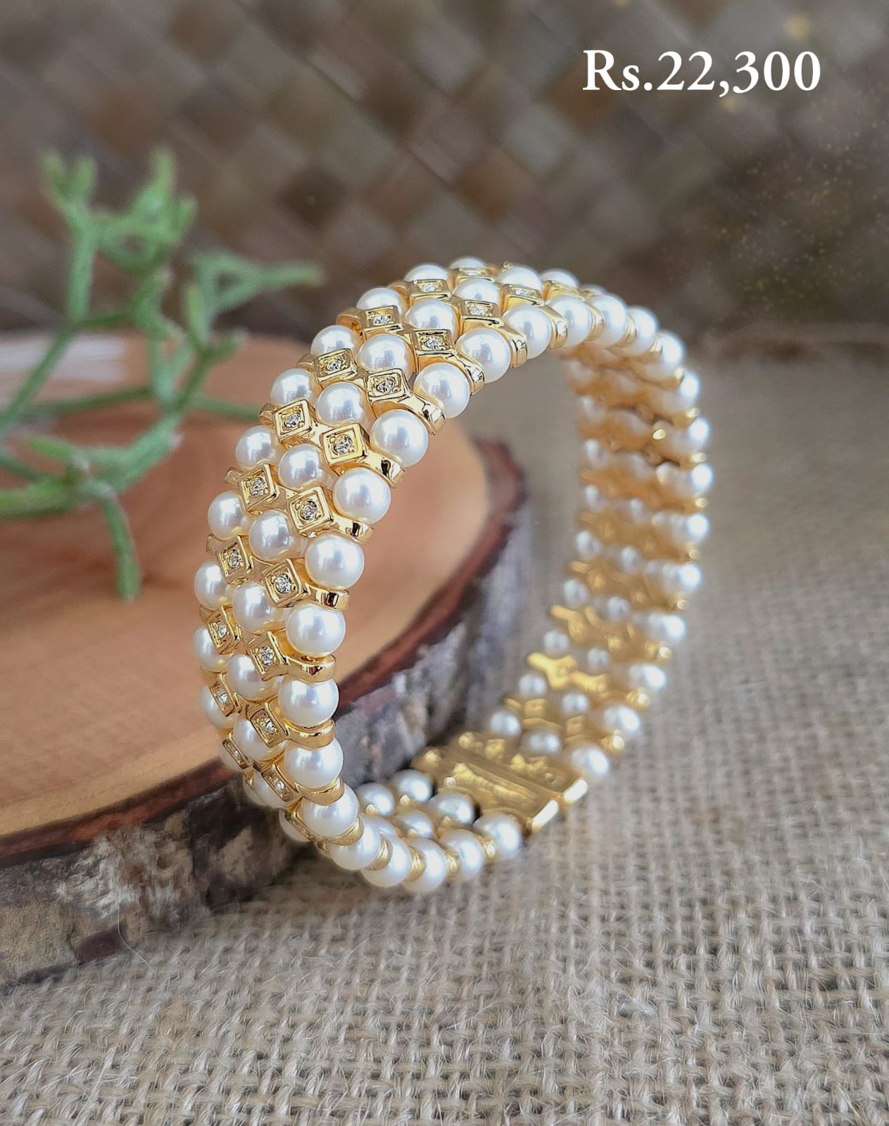 Pearl & Diamond Stone Half Open Bangle - Image 2