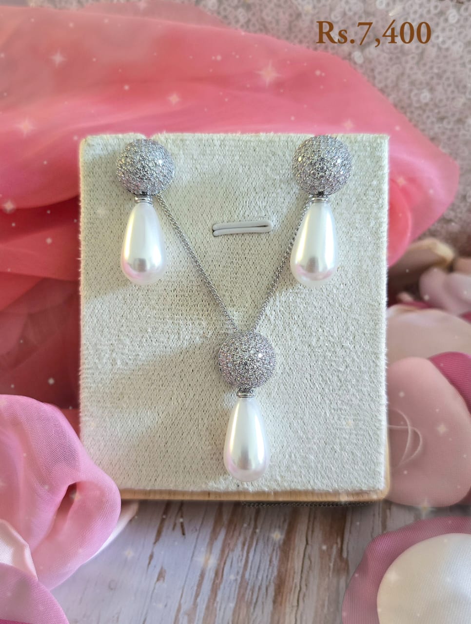 Fancy Stone Stud Pearl Teardrop Necklace Set - Image 2