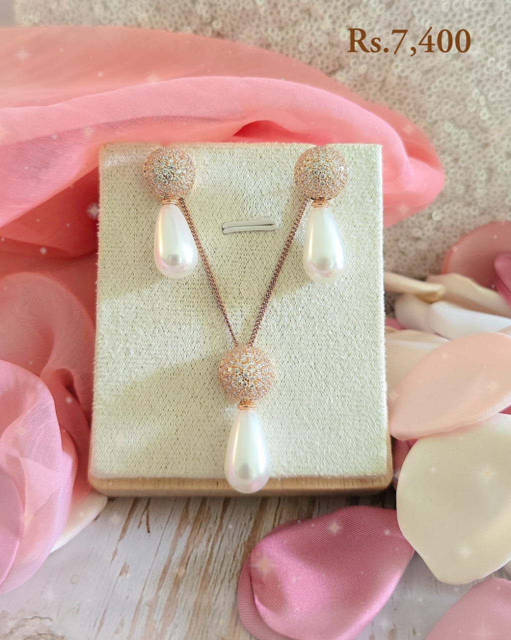 Fancy Stone Stud Pearl Teardrop Necklace Set - Image 3