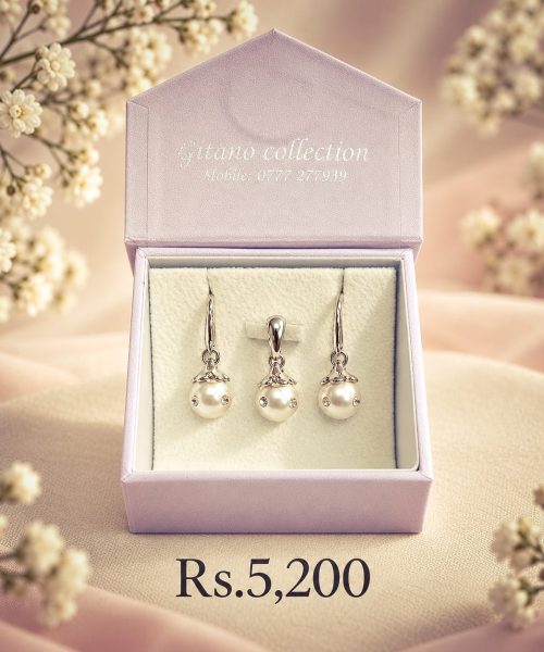 Stone Stud Pearl Drop Pendant & Earring Set-7MM